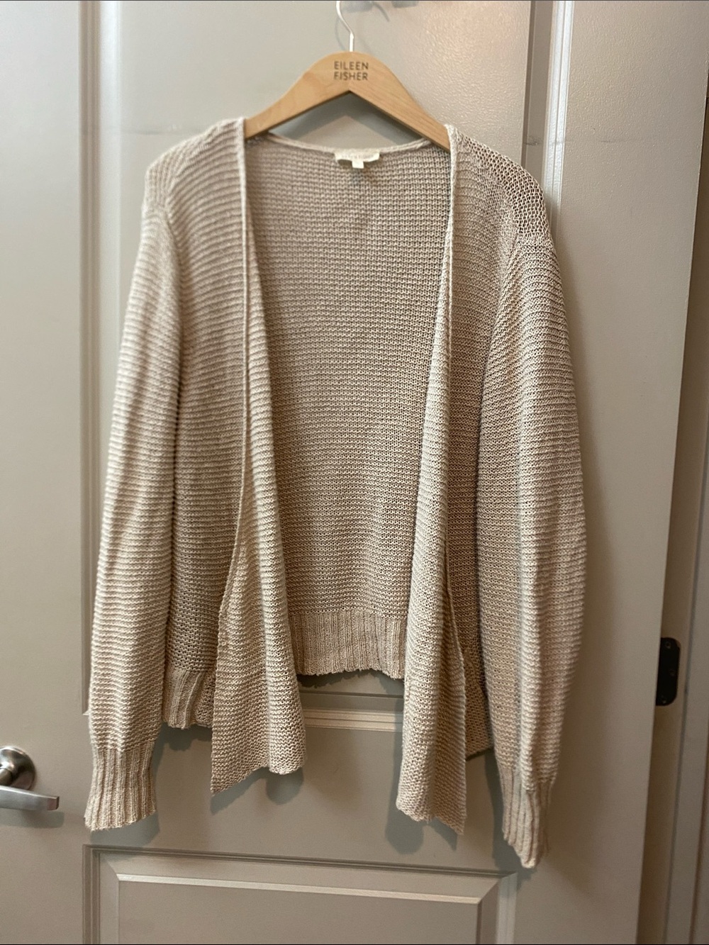 Eileen Fisher Organic Linen & Cotton Light Cream Open-Front Knit Cardigan